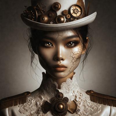The primary subject of the image is a woman wearing a top hat and a lace dress. She is wearing a lace dress and a top hat, which gives her a unique and stylish appearance. The setting is a dark room, which adds to the overall mood of the image. The visual style of the image is a combination of digital art and illustration, creating a surreal and artistic atmosphere. The colors in the image are predominantly black and white, giving the image a classic and timeless feel.